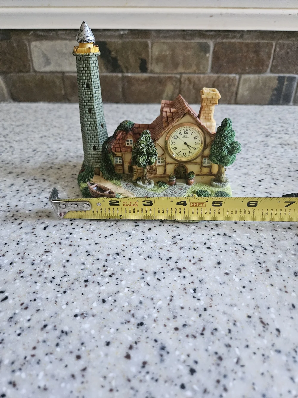 Miniature Cottage Clock Sculpture - Green and Tan Home Wall Decor